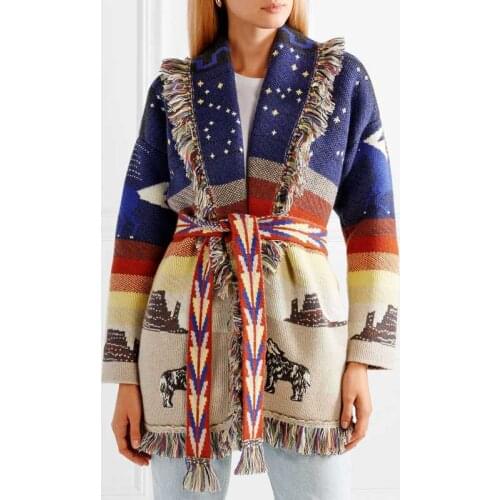 Boho Inspired Hand-made cardigan overisized jacquard cardigan fringed trims long sleeve sweater women winter clothes women 2021