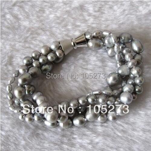 Lovely Pearl Jewelry 7.5inch 4Row AA 3-10MM Gray Baroque Off Round Natural Freshwater Pearl Bracelet Magnet Clasp Free Shipping