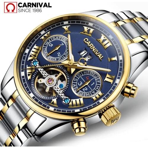 Top Brand Luxury Carnival Tourbillon Watch Men Stainless Steel Automatic Mechanical Luminous Waterproof Watch relogio masculino