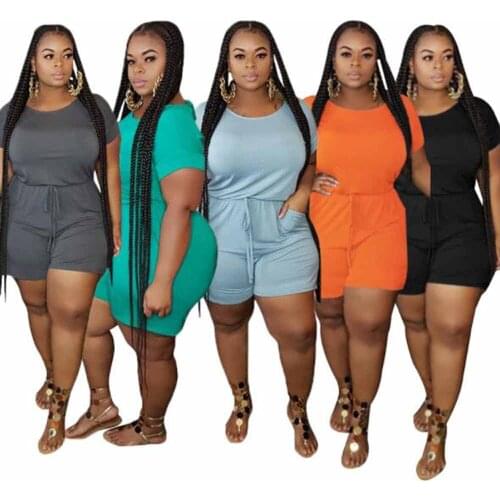 Cultiseed Fat MM Plus Size Women Female Summer New Fashion Solid Short Sleeve Casual Playsuits Jumpsuits With Lacing Up Belt