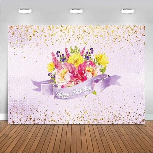 Flower Cluster Happy Birthday Banner Backdrops Glittler Dots Bokeh Abstract Newborn Baby Shower Photo Backgrounds