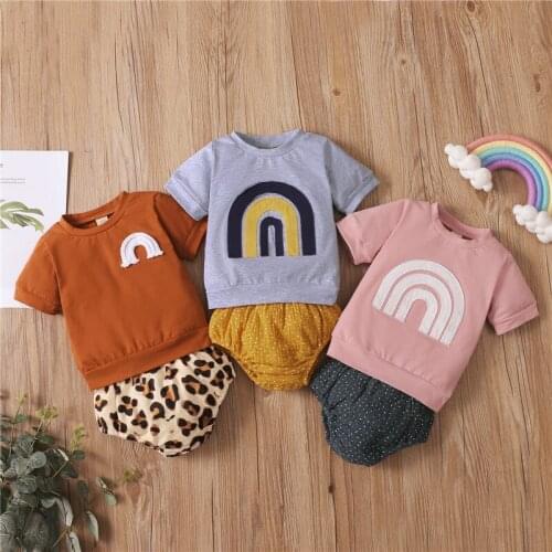 2pcs Toddler Infant Baby Girls Clothes Sets Newborn Kids Boys Clothing Rainbow Print T-shirts+Ruffles Leopard Shorts Outfits