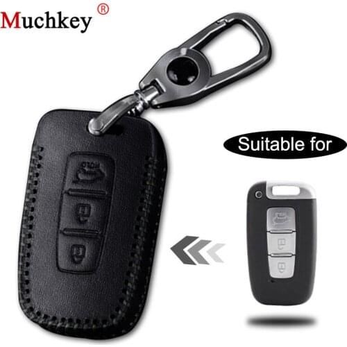 Leather Remote Case Car Key Bag Cover For HYUNDAI 3 Buttons Smart Key Luxury Genuine Hand Sew Black Line 1PC Type E