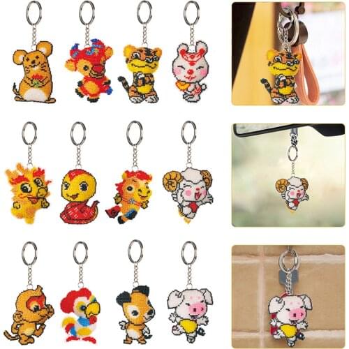 Stamped DIY Beads fox Rabbit Handmade Craft Bead Cross Stitch Keychain Printed Embroidery Needlework Key Ring Kit for Kids Gift