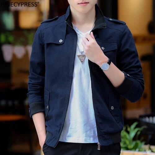 100% Cotton Men Jacket Spring Autumn Winter Zip Buttons Pockets Green Khaki Black Navy Blue Male Fashion Solid Color Man Jackets