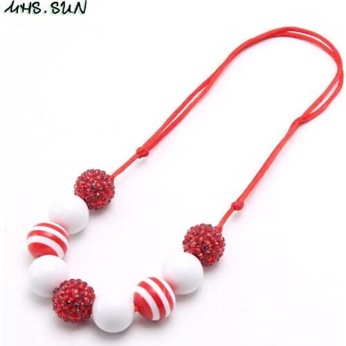 MHS.SUN Cute Adjustable Rope Necklace For Child Girls Red/White Beads Chunky Necklace Handmade Jewelry Baby Bubblegum Necklace