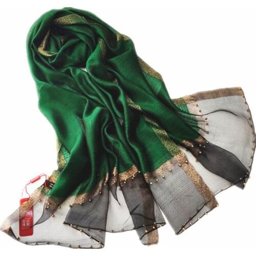 Fashion Bandana Luxury Scarves Women 50% Silk 50% Wool Scarf Female Shawl All-Match Beaded Hijab Brand Designer