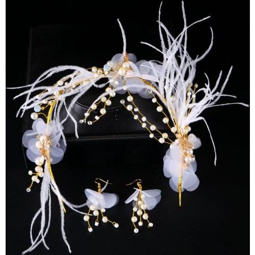New Bridal Jewelry Sets Feather Yarn Pearls Beaded Rhinestone Headbands Earring Bride Wedding Tiaras and Crowns Hairbands
