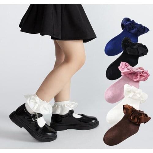 Autumn Baby Girls Socks with Bow Kids Ruffles Lace Cuff Cotton Ankle Socks Toddlers Dress Socks Princess Socken for 1-7 Years