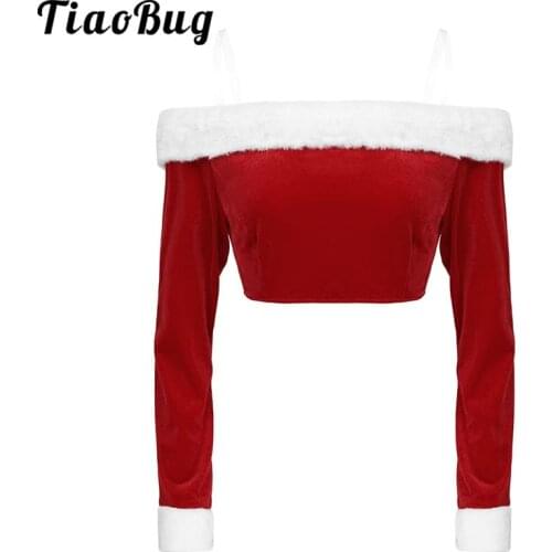 Red Velvet Off the Shoulder Long Sleeve Sexy Crop Top Women Xmas Clothes Festival Rave Mrs Claus Cosplay Party Christmas Costume