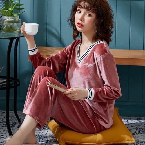 Womens Velvet Pajamas Sex V-Neck Hot Warm Sleepwear Set Top Women Pajama Set 2Piece/Suit Shirt Pants Lingerie Homewear Big Size