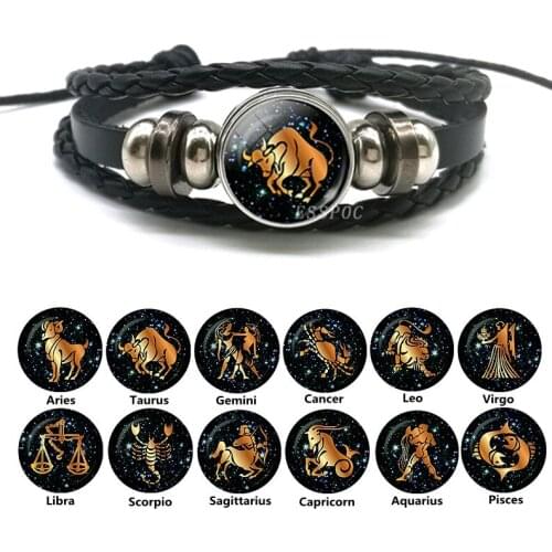 New Fashion 12 Constellation Bracelet Zodiac Sign Black Leather Braided Bracelet Men Women Birthday Gift