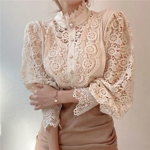 Petal Sleeve Stand Collar Hollow Out Flower Lace Patchwork Shirt Femme Blusas All-match Women Blouse Chic Button White Top