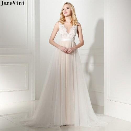 JaneVini Champagne A Line Long Bridesmaid Dresses Sheer Scoop Neck Lace Appliques Pearls Button Back Chiffon Formal Prom Gowns