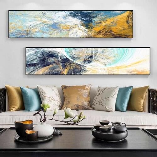 Nordic Modern Minimalist Abstract Ink Blue Living Room Decoration Painting Splash Ink Ribbon Gold Foil Bedroom Bedside Luxury