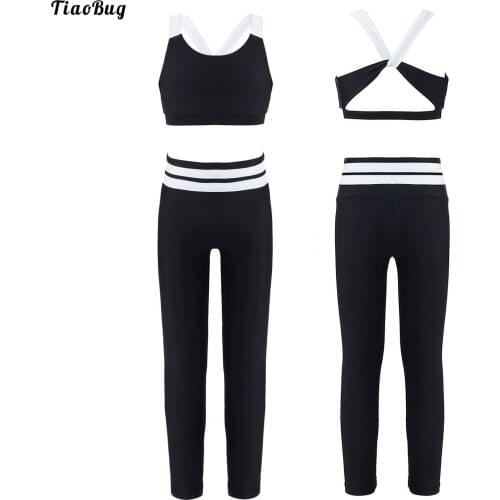 2Pcs Kids Girls Sport Suit Straps Sleeveless Open Back Crop Tops And High Waist Pants Set Sportswear For Gym Yoga Dance Workout