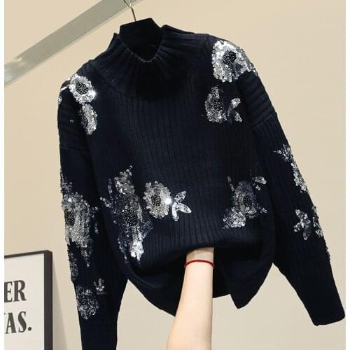 Sequined Flower Sweater Women Sweater Knitted Pullover Womens Loose Lazy Wind Coat Female Pullovers Puff Femme Sweter Damski