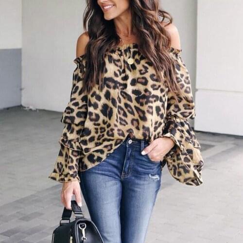 Womens Sexy Leopard Print Long Sleeve Off the Shoulder Loose Shirt Top Elegant Slash Neck Outfits Clothes Newest Trendy