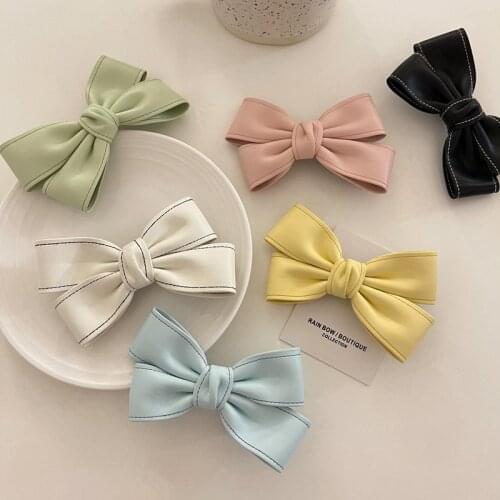 Sweet Candy Color PU Leather Hair Bow Clips 2021 New Arrived Women Cute Hairgrips Fashion Ladies Hairpin Japanese Hair Accessory