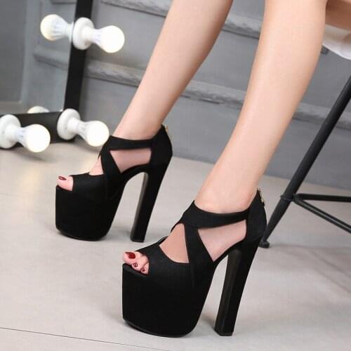 Hot Selling 2020 New Summer Fashion Platform High Platform Sandals Waterproof Flock ZIP 17CM Thick High Heels womens shoes black