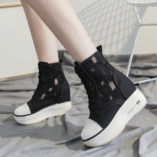 New Hollow Canvas Ankle Boots Women Breathable High Top Platform Booties woman 2021 autumn Lace Up Height Increased Shoes