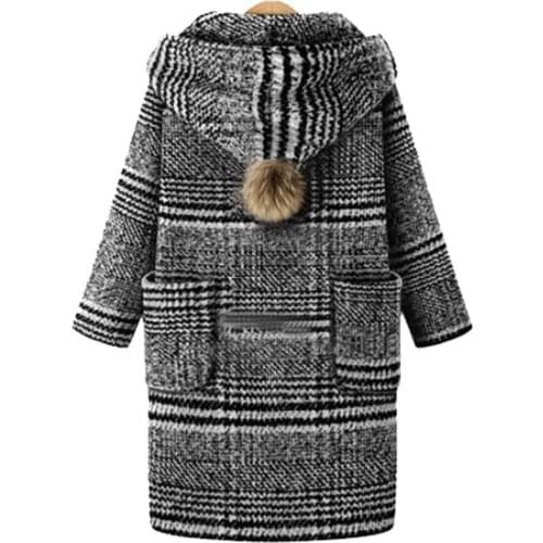 European Style Women Woolen Blends Coats Fashion Plaid Long Hooded Coats Female Winter Thick Warm Outerwear Plus Size XL-5XL