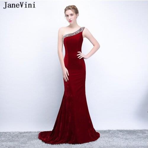 JaneVini Burgundy One Shoulder Sequined Beaded Mother of The Bride Dresses Mermaid Velvet Sweep Train Wedding Party Formal Gowns
