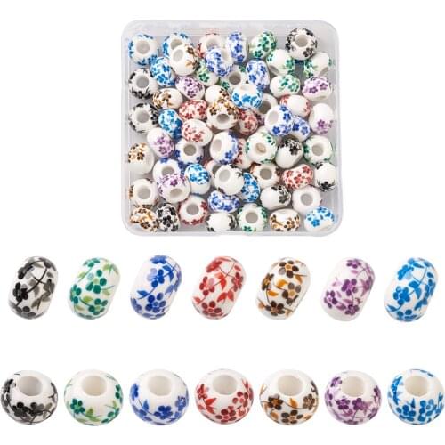 1Box 14mm Handmade European Big Hole Porcelain Beads Flower Pattern Rondelle Loose Spacer Beads for Bracelet DIY Crafts Jewelry