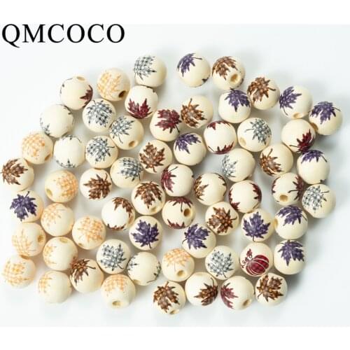 16mm Halloween New Products DIY Printed Maple Leaf Wooden Ronud Beads Custom Fashion Crafts Kid Toy Jewelry Bracelet Accessories