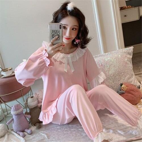 Home service suit lace princess pajamas women spring and autumn long-sleeved cotton loose sweet leisure pink blue bathrobe new
