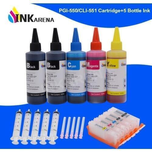 INKARENA PGI 550 CLI 551 XL Printer Ink Cartridge + 500ml Ink For Canon PIXMA Silver MG6853 - Silver MG7750 MG7751 MG7752 MG7753