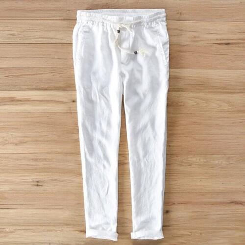 Summer New Fashion Men White Casual Flax Pants Top Quality Cotton Linen Elastic Waist Lightweight Breathablemale Trousers 30-40