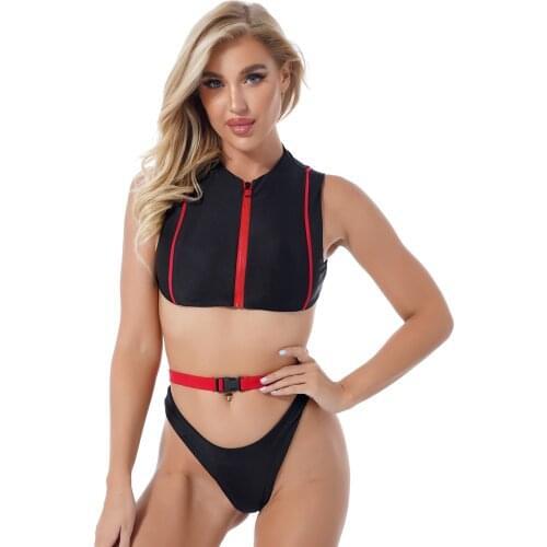 Summer Women Color Block Swimsuit Bathing Pool Suit Zipper Front O Neck Sleeveless Crop Top With High Cut Briefs Belt Swimwear
