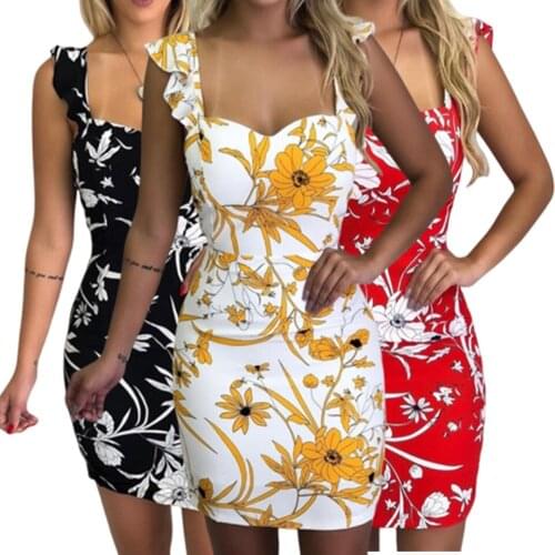 Summer Floral Print Party Dress Deep Plunge Ruffle Strap Dress Women High Waist 3xl Sukienka Sexy Pencil Low Cut Dress Open Back