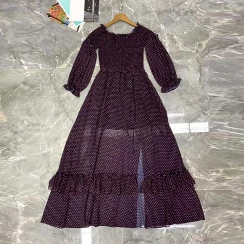 Print Runway Fashion Dots Summer 2021 Designer Beach Ruffles Slash Neck Elastic Splited Long Holiday Dress