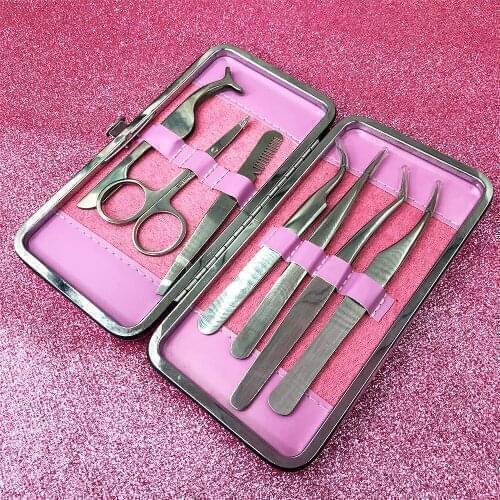 MsNala Eyelashes Tools Tweezers Set 7 Pcs Professional Eyelash Extension Tweezers Make Up Case Stainless Steel 5D 3D Mink Lashes