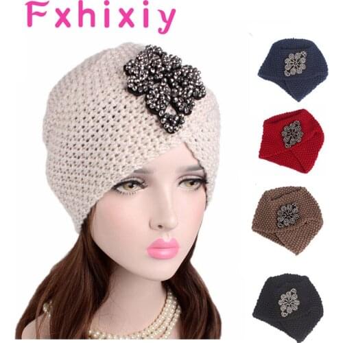 Muslim Women Cross Rhinestone Winter Warm Wool Knitted Crochet Turban Hat Chemo Headwear Cancer Patients Hair Accessories
