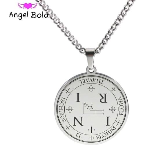 Punk Seven Angels Summon Magic Array Lettering Silver Round Religious Stainless Steel Pendant Necklace for Men and Women