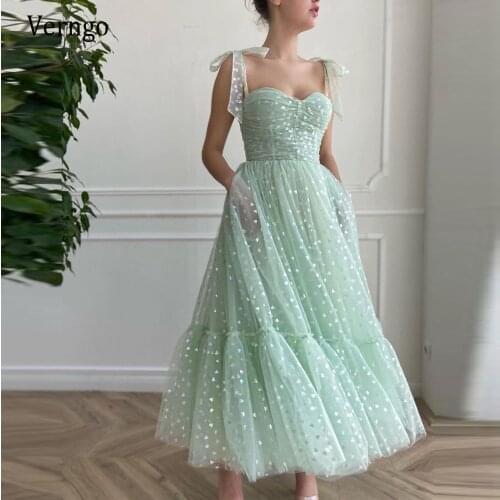Verngo 2021 New Mint Green Dots Stars Tulle A Line Prom Dresses With Pockets Bow Ties Up Straps Tea Length Formal Party Gowns