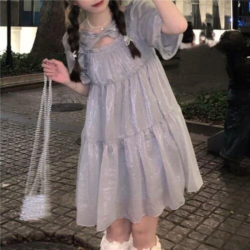 Princess Lolita Op Short Sleeve Dress Womens Summer Bubble Sleeve Bow Mori Girl Sweet Kawaii Anime Cosplay Loose Cute Dresses