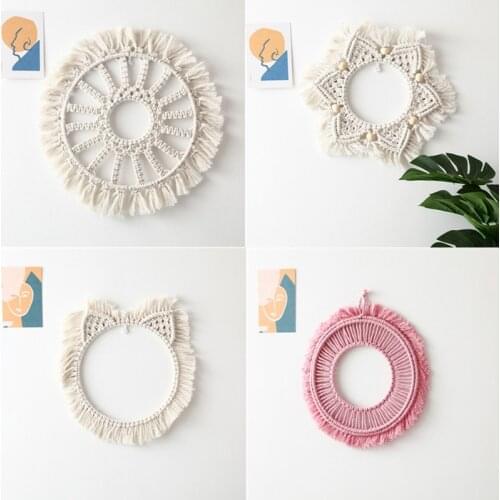 Hand-Woven Tassel Wall Mirror Frame Creative Bohemia Macrame Tapestry Hollow Round Wall Hanging Decor Home Childrens Room Decor