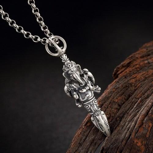 Genuine 100% 990 Sterling silver Tibetan Dorje pendant Silver Buddhist Dorje Amulet pendant Tibetan Ganesh Wealth Buddha Pendant