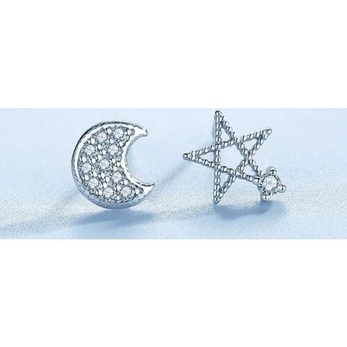 Simple Female Star Moon Small Earring Charm Silver Color Wedding Earring Cute White Hollow Crystal Stud Earrings For Women