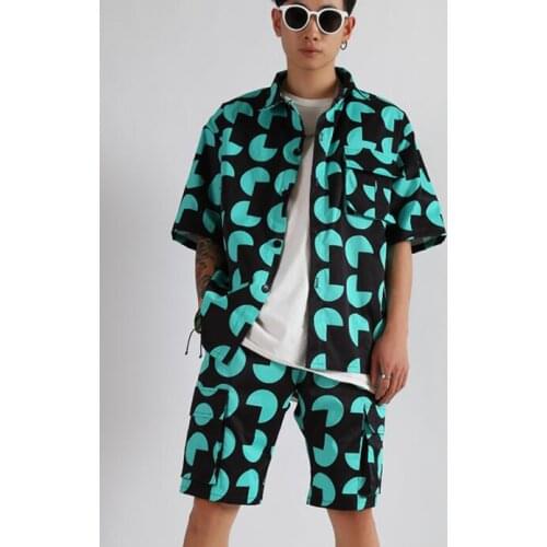 Summer fashion shirt men short sleeve shirt Geometric circle teenage korean loose shirt mens personality stage singer dance b640