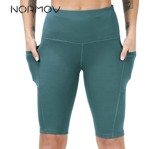 NORMOV Pocket Patchwork Yoga Shorts 1/2 Solid High Waist Gym Shorts Soft Sports Running Shorts Tights Summer 2021