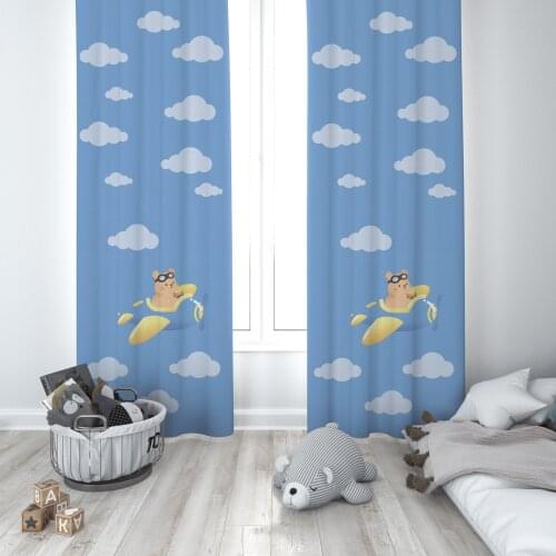 Curtains Children 3D Printed Decorative Items Home Childrens Room Plane Bear Light Blue Model 068