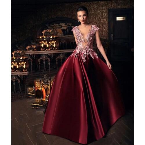 SoDigne Burgundy Satin Prom Dresses 200 Lace Applique Long Dubai Evening Dress 3D Flower Special Occasion Prom Gowns