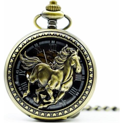 Vintage Bronze Powerful Horse Hollow Mechanical Skeleton Pocket Watch Hand Winding Pendant Necklace Chain