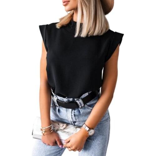 Women Casual Summer Solid Color Stand Collar Short Sleeve Slim T-shirt Blouse