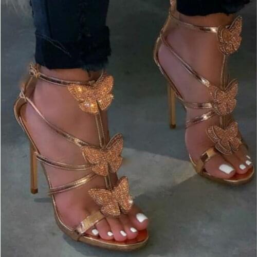 Fashion 2020 Summer Womens Sandals PU Buckle Strap 11.5CM Thin High heel Open Toed Rhinestone Butterfly-knot Party women shoes